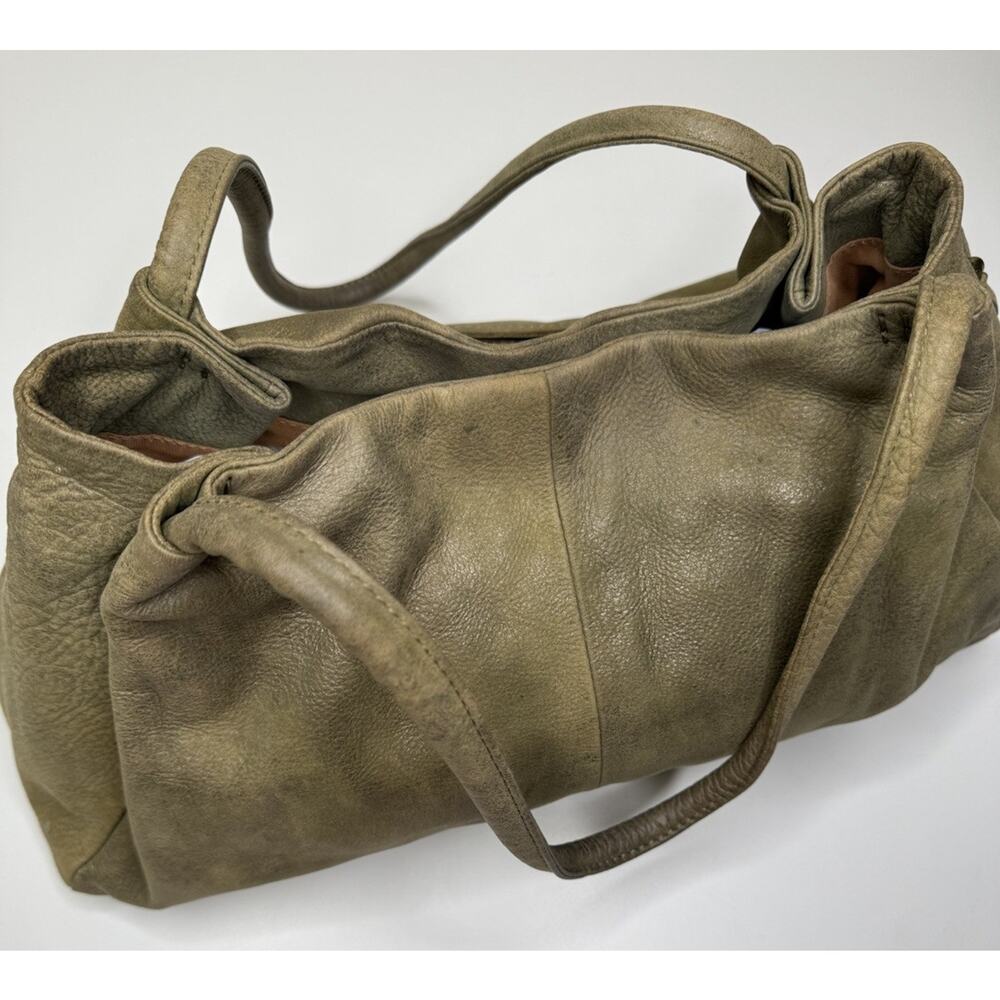 HOBO Bag Satchel Metallic Sage Green Leather Dual Handle Magnet Close Lined Bag - Picture 7 of 11